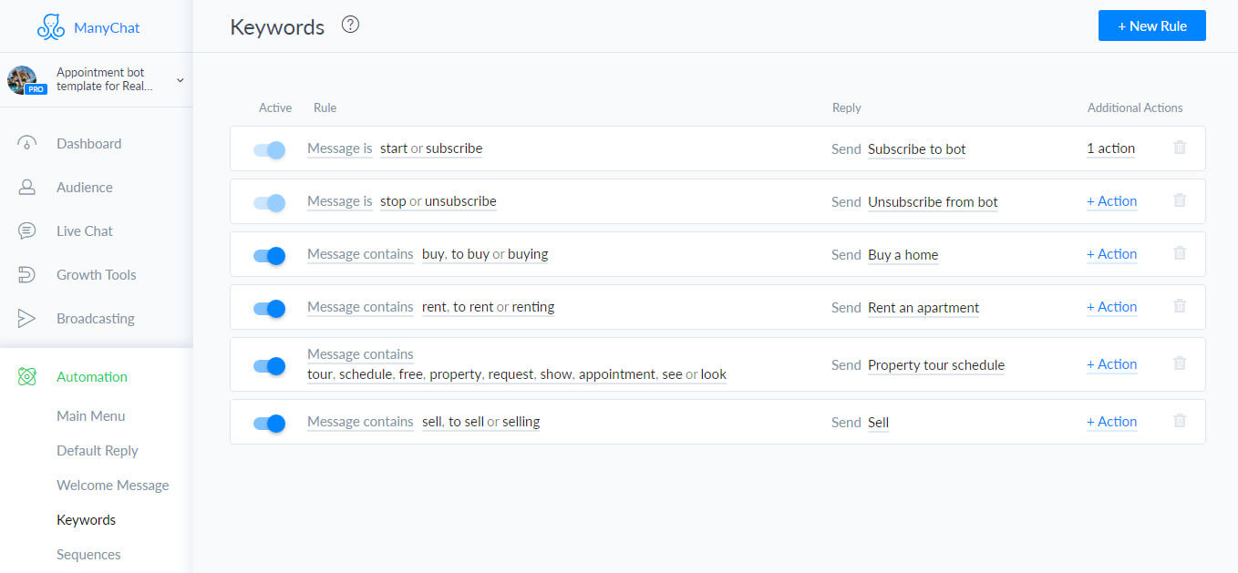 ManyChat flow editor screenshot for Bot Messenger de prendre rendez-vous pour les agents immobiliers