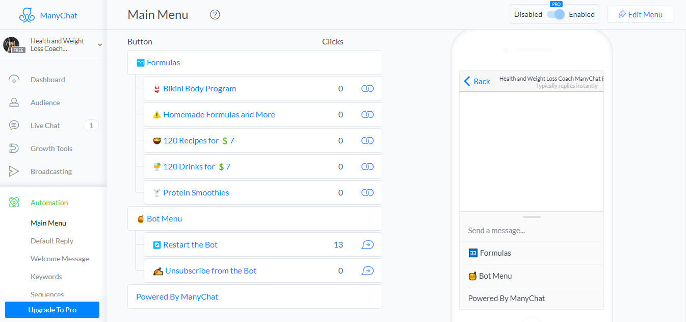 Chatfuel and ManyChat flow editor screenshot for Modèle de bot pour les entraîneurs de sport et de perte de poids