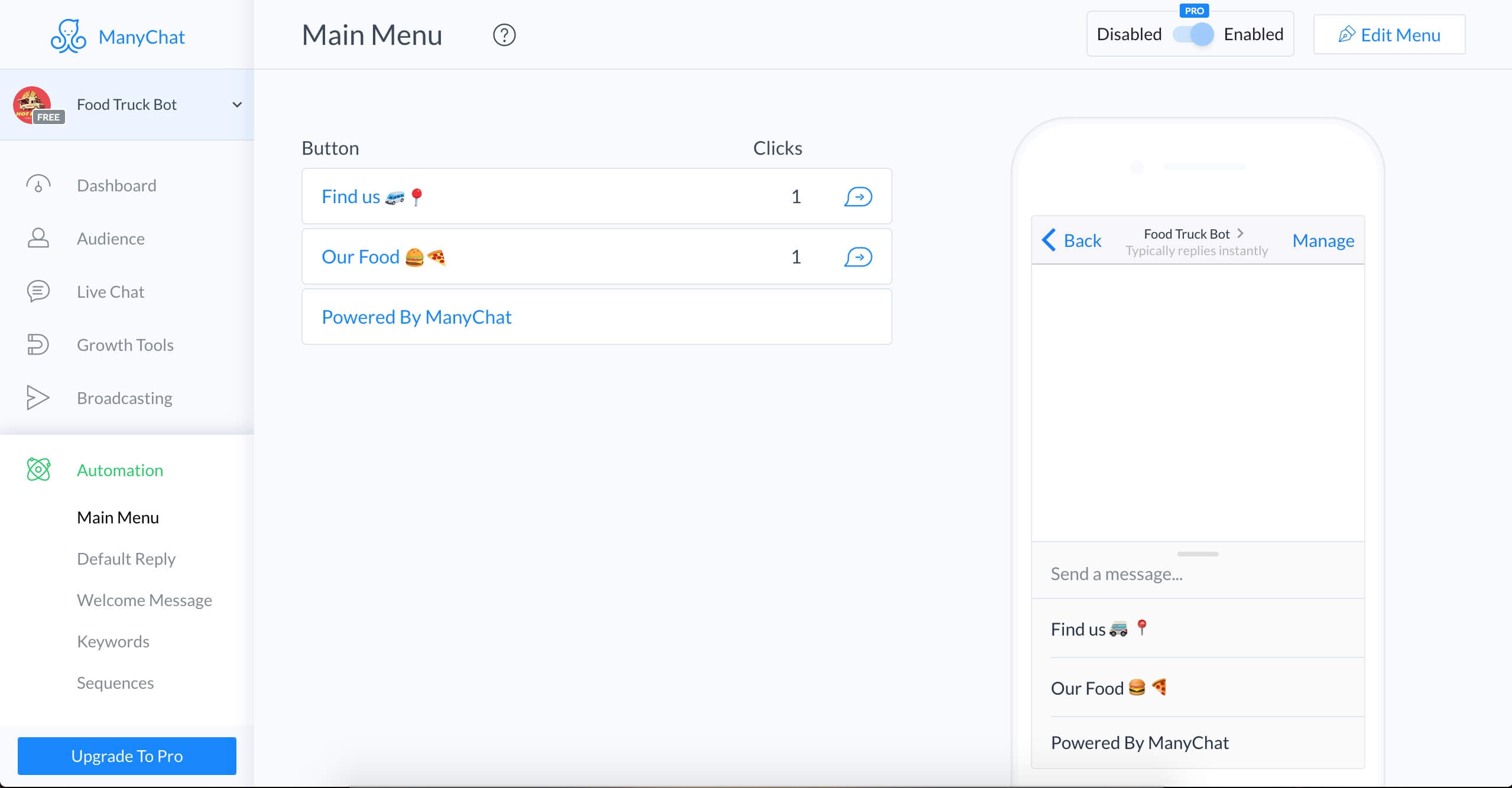 ManyChat flow editor screenshot for Chatbot para camión de comidas en Messenger