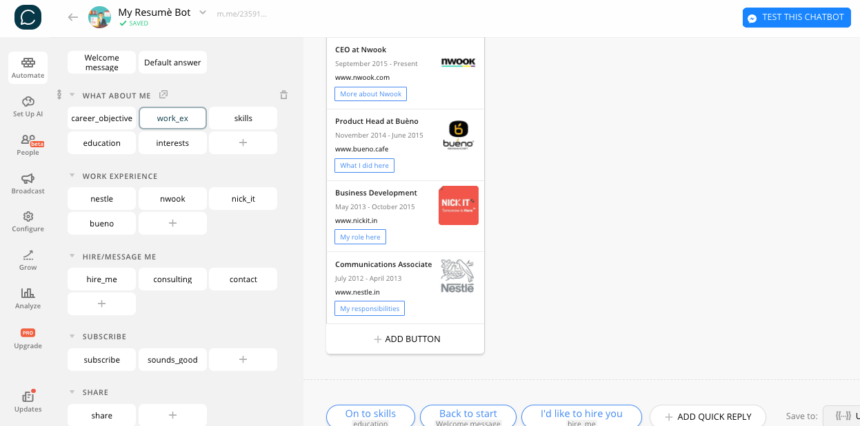 Chatfuel flow editor screenshot for Bot Modèle pour créer votre propre CV/résumé