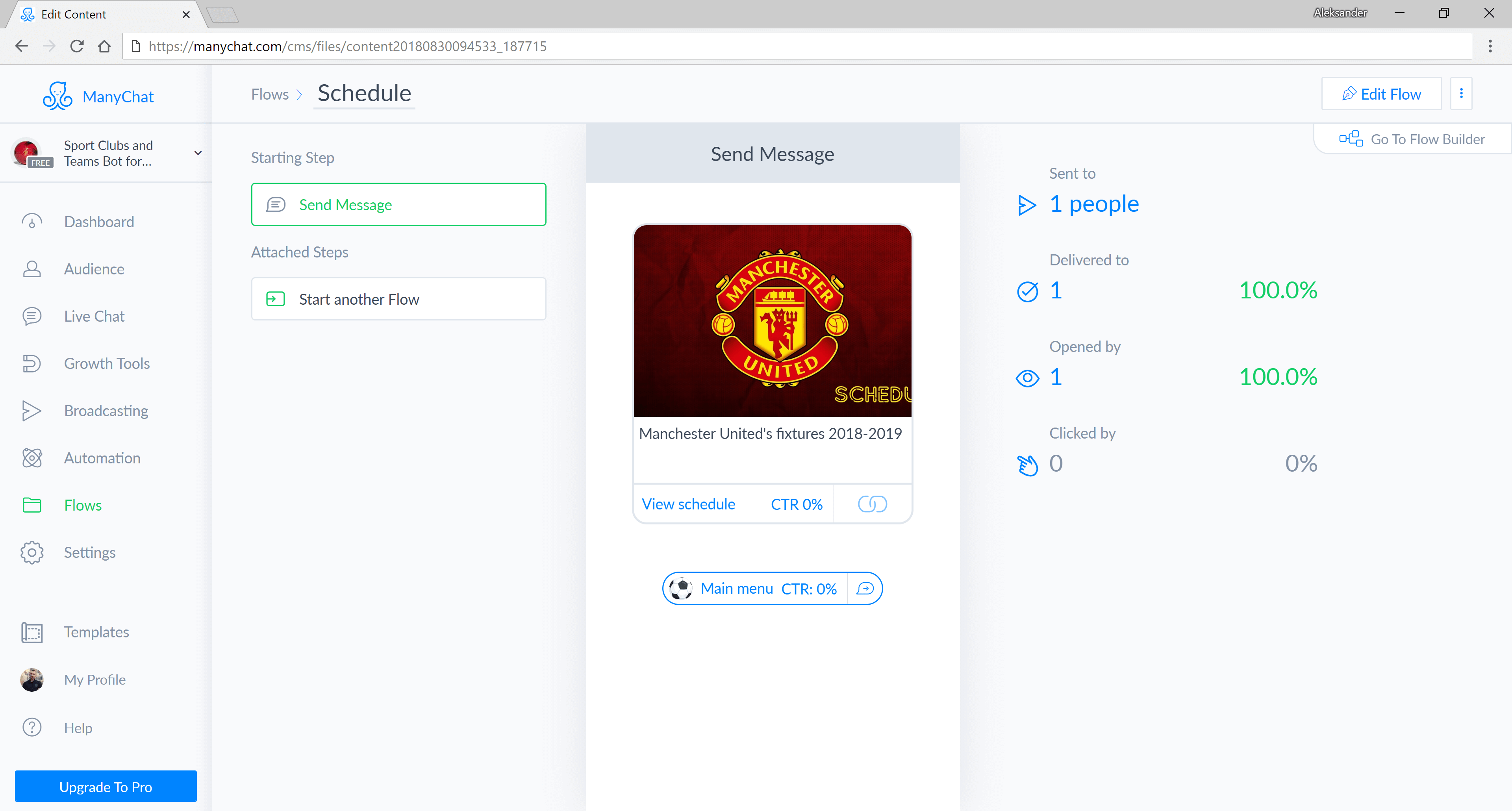 ManyChat flow editor screenshot for Modèle Facebook Bot Messenger pour les clubs et les équipes de sport