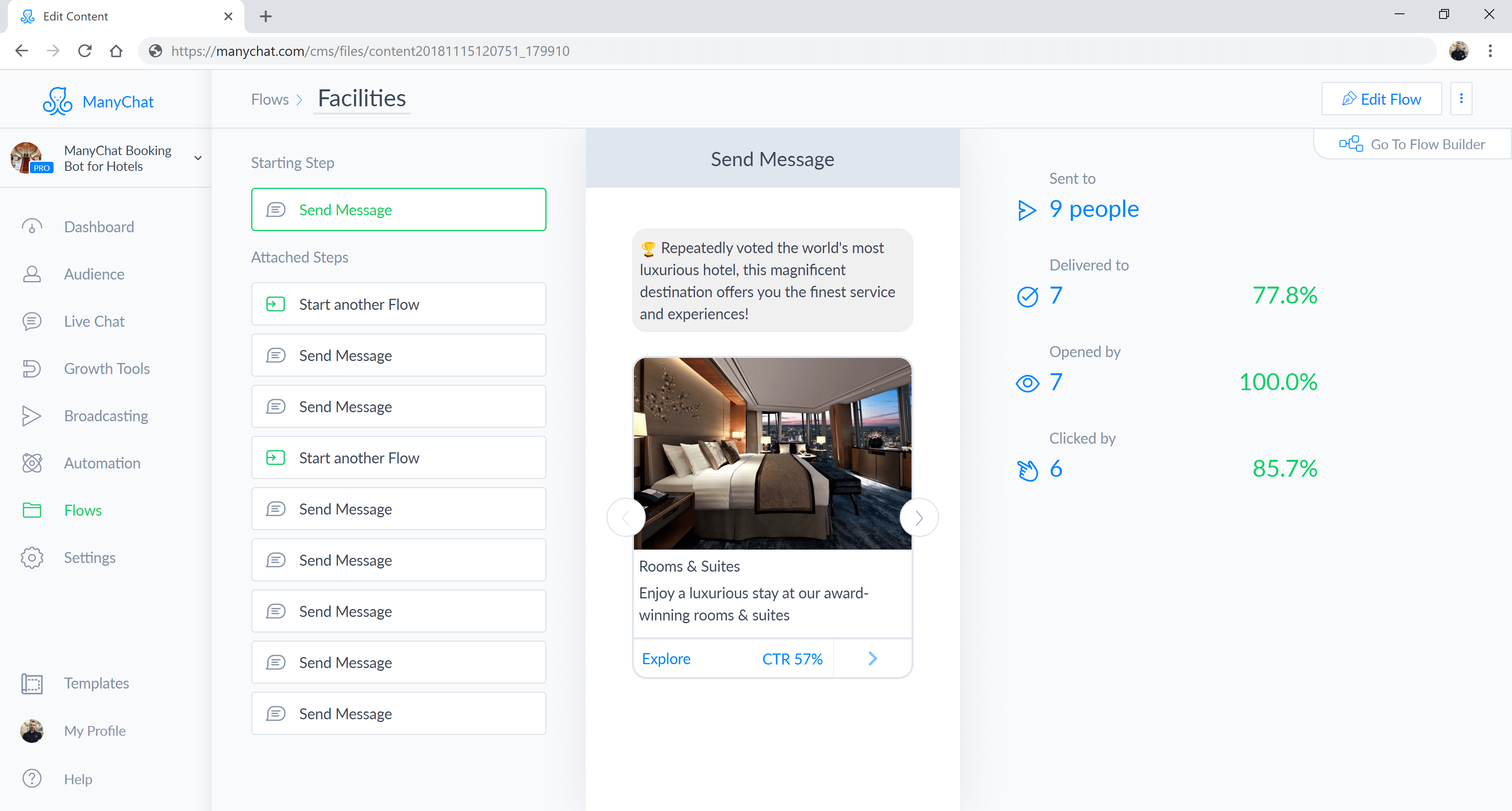 ManyChat flow editor screenshot for Chatbot de reserva de hotelería para Messenger