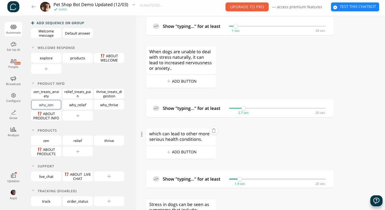 Chatfuel flow editor screenshot for Template per Bot e-commerce per negozi di animali online