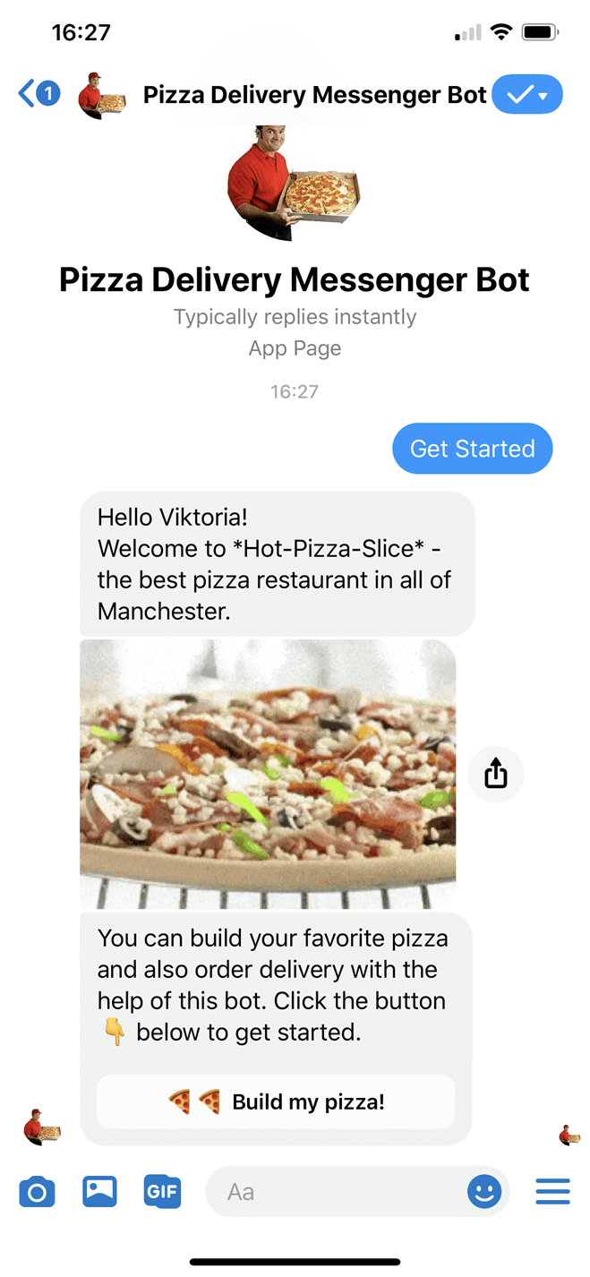 Pizza ordering and delivery Messenger bot screenshot