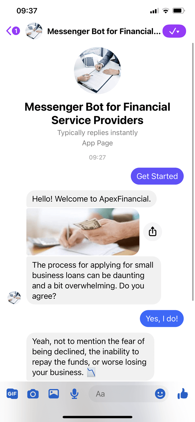 Financial service provider bot screenshot