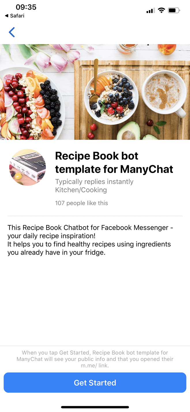 Recipe book Messenger bot screenshot