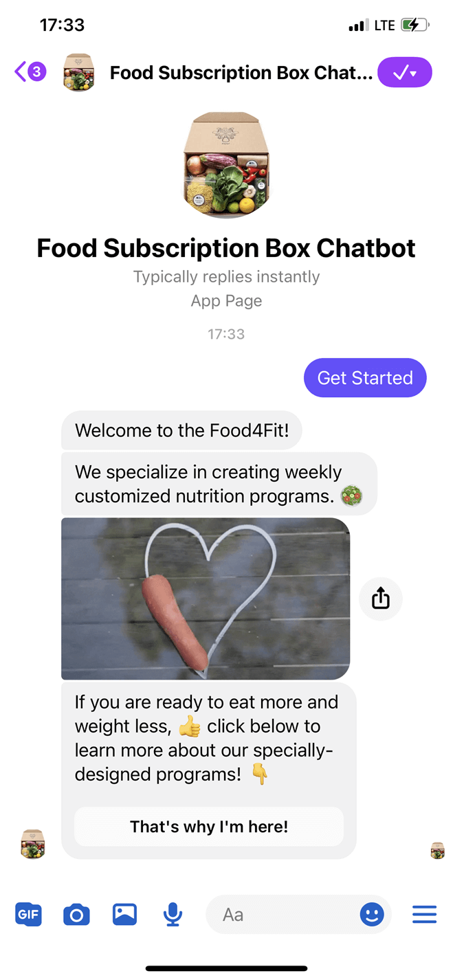 Food subscription box bot screenshot
