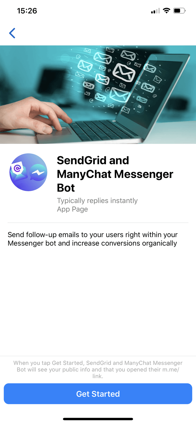 SendGrid and ManyChat Messenger bot screenshot