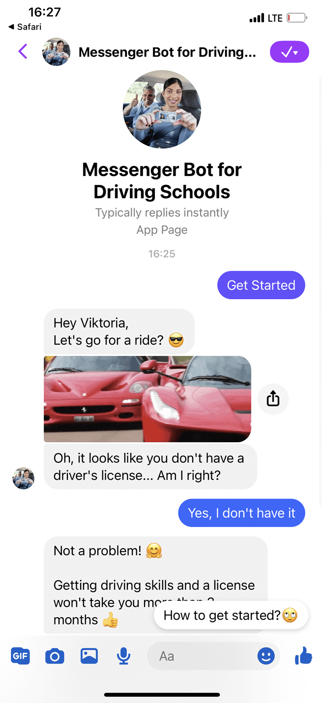 Driving school Messenger bot screenshot