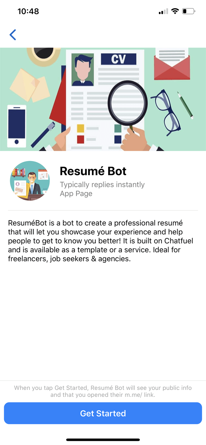 My Resume Bot Messenger bot screenshot