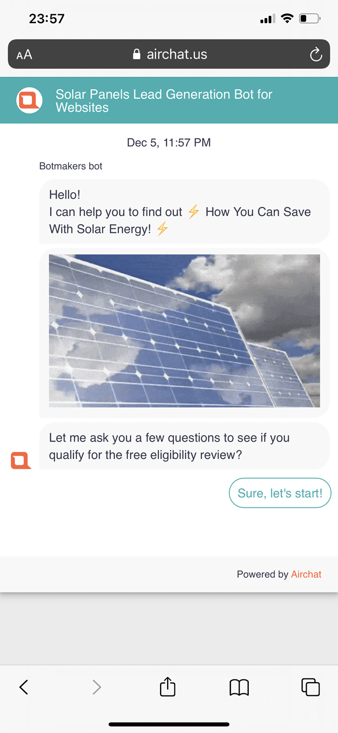 Solar panels lead generation bot screenshot