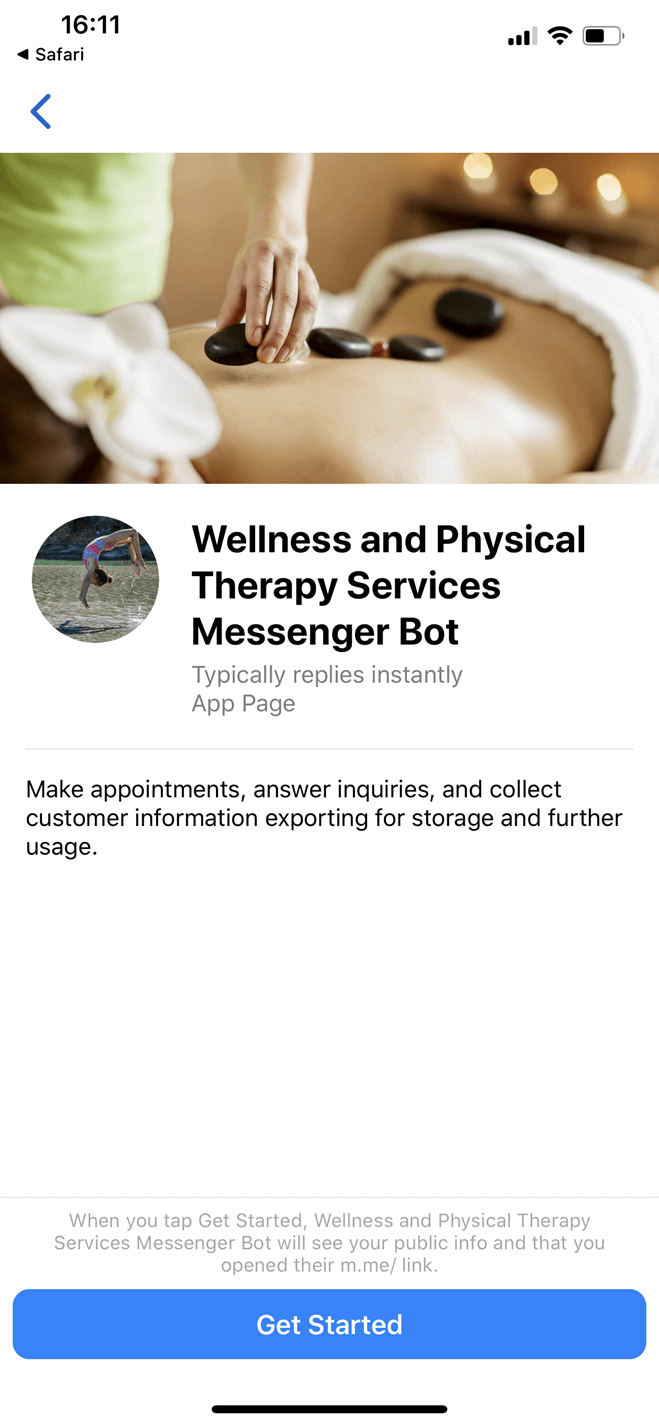 Wellness and Physical Therapy Clinic Messenger bot screenshot