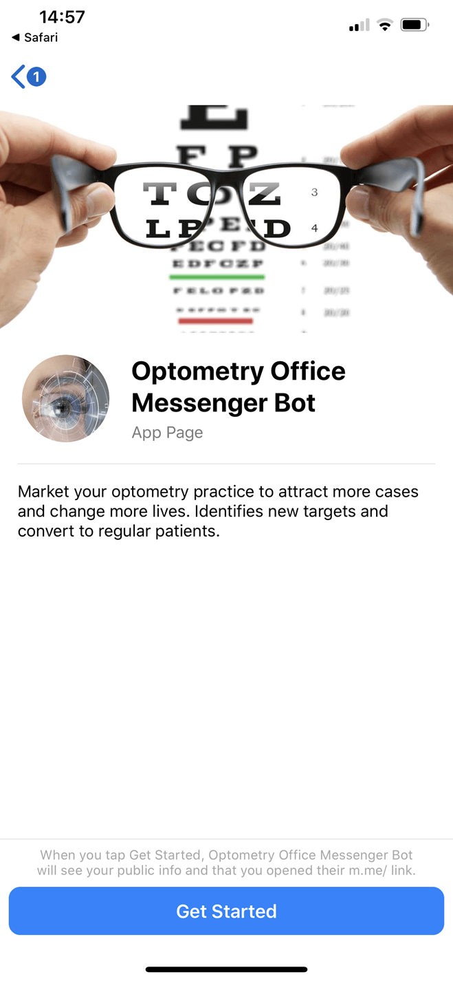 Optometry office Messenger bot screenshot