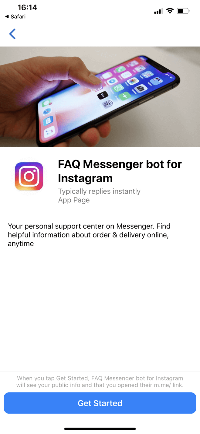 Instagram FAQ Messenger bot screenshot