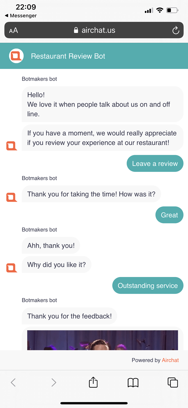 Restaurant review Messenger bot screenshot
