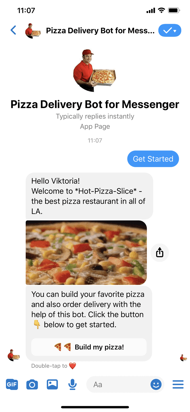 Pizza ordering and delivery Messenger bot screenshot