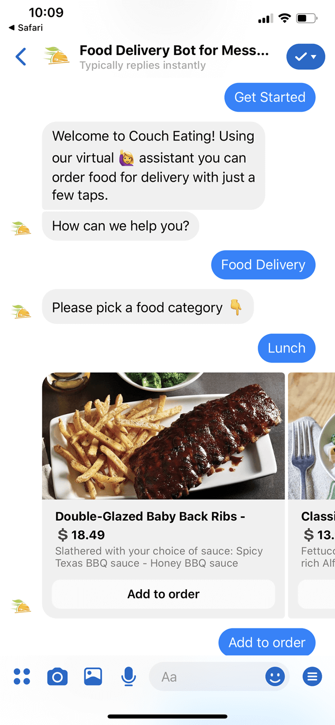 Food Ordering and Delivery Messenger bot screenshot