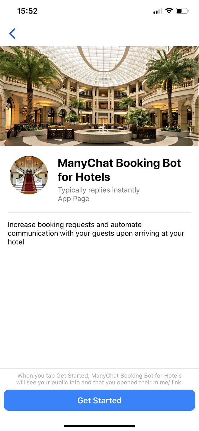 Hotel bookings Messenger bot screenshot
